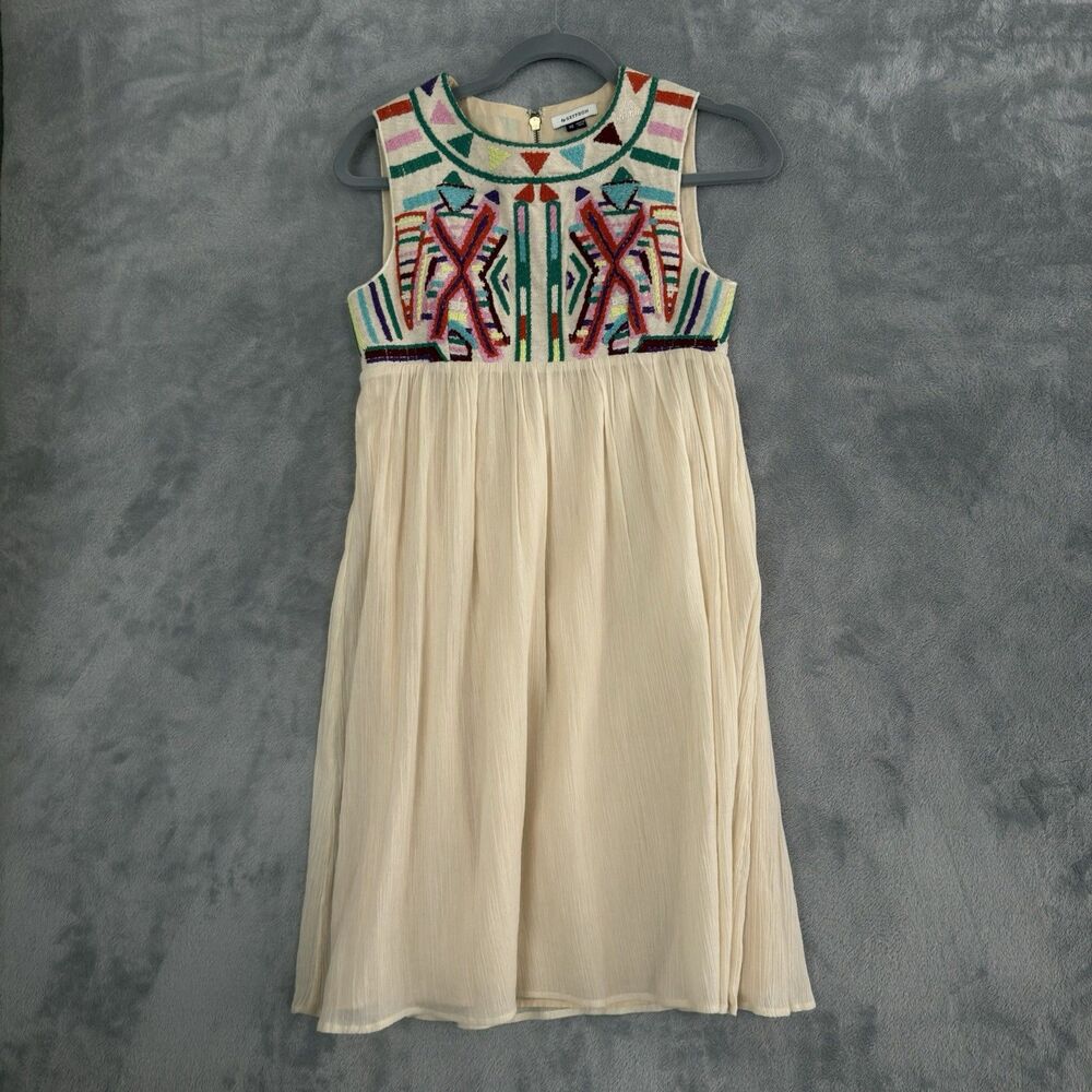 Gryphon Anthropologie Dress Womens XS Beige Embroidered Empire Fit Flare
